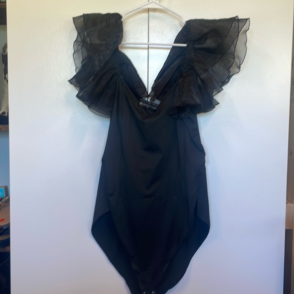 New black bodysuit with sheer sleeves. Sexy.  Wicked witch costume. Deluxe Hat.
